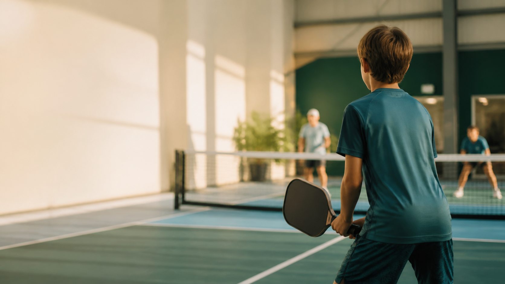 A junior player on an indoor pickleball court.